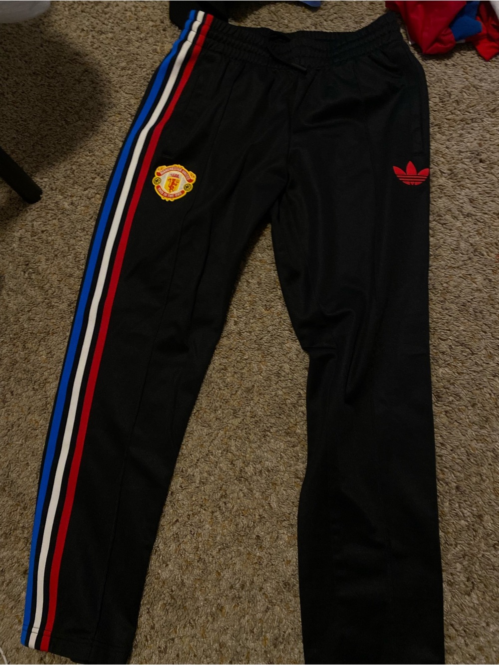 Adidas x Manchester United Black Track Pants with Red & Blue Stripe size M